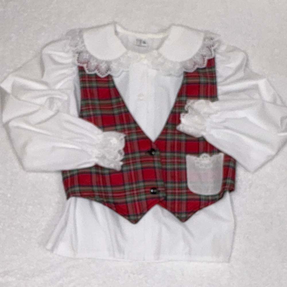Therese Plaid velvet reversible White frilly Lace Collar Blouse girls size 8